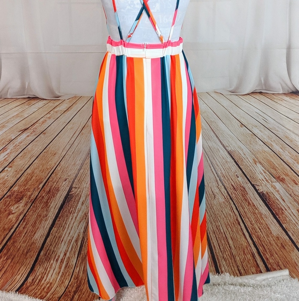 New Gorgeous Rainbow Striped V Plunge Maxi Dress - Picture 11 of 15
